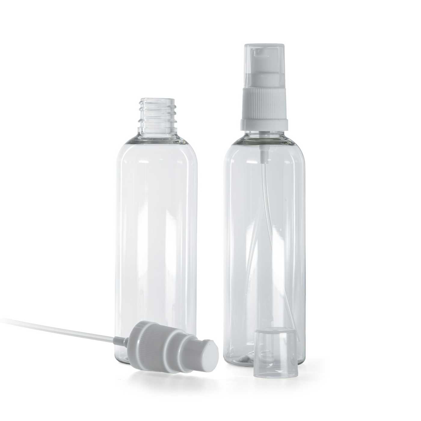 Butelka plastikowa przezroczysta, biały dozownik, 100 ml