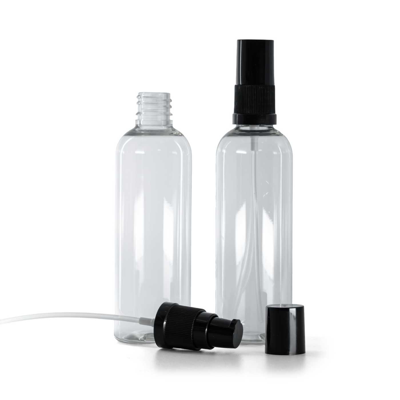 Plastová lahev průhledná, dávkovač krémů s černým víčkem, 100 ml