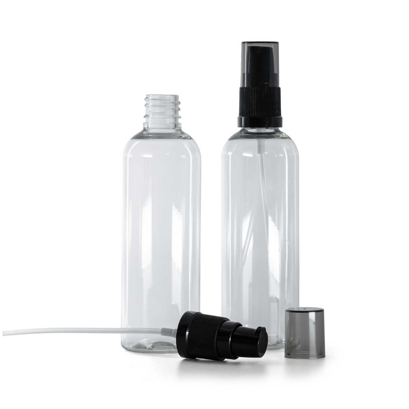 Plastová lahvička průhledná, dávkovač krémů s dýmovým krytem, 100 ml