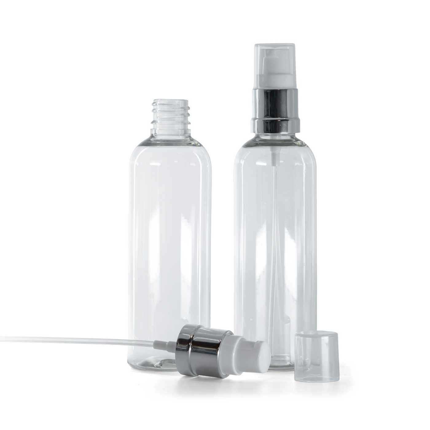 Plastová průhledná láhev, lesklý bílo-stříbrný dávkovač, 100 ml