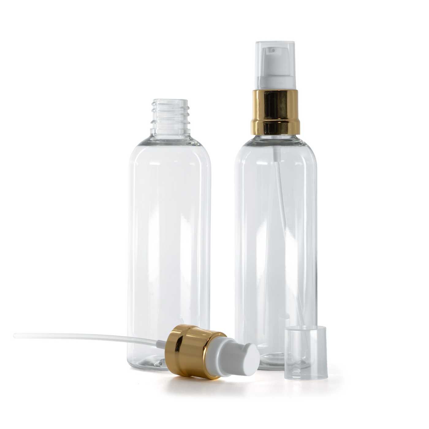 Průhledná plastová láhev, lesklý bílo-zlatý dávkovač, 100 ml