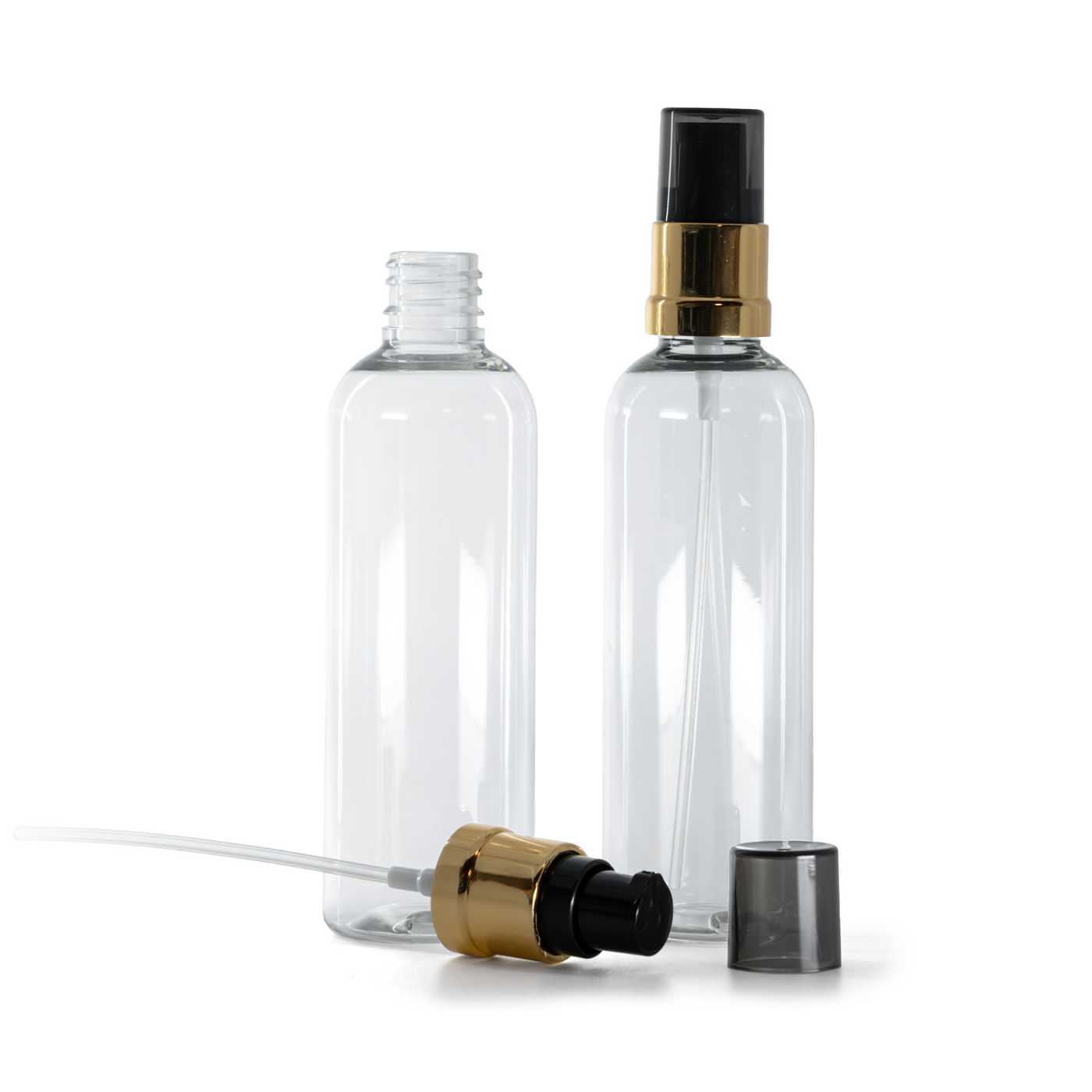 Plastová lahvička průhledná, černo-zlatý lesklý dávkovač s dýmovým krytem, 100 ml