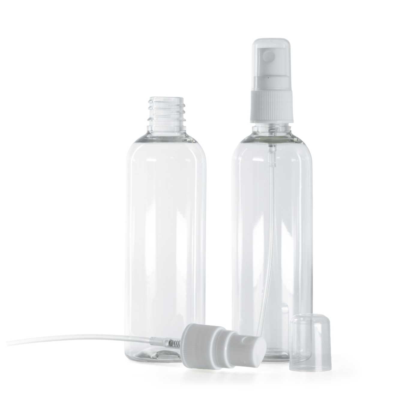 Průhledná plastová lahvička s bílým rozprašovačem, 100 ml