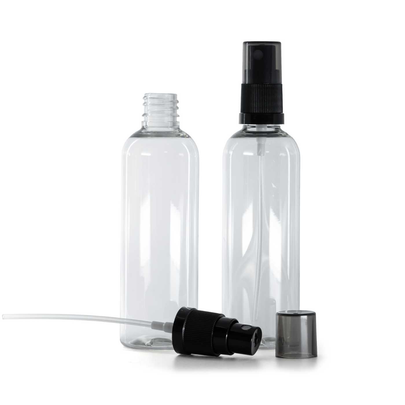 Butelka plastikowa przezroczysta, czarny atomizer, przydymiony kapturek, 100 ml