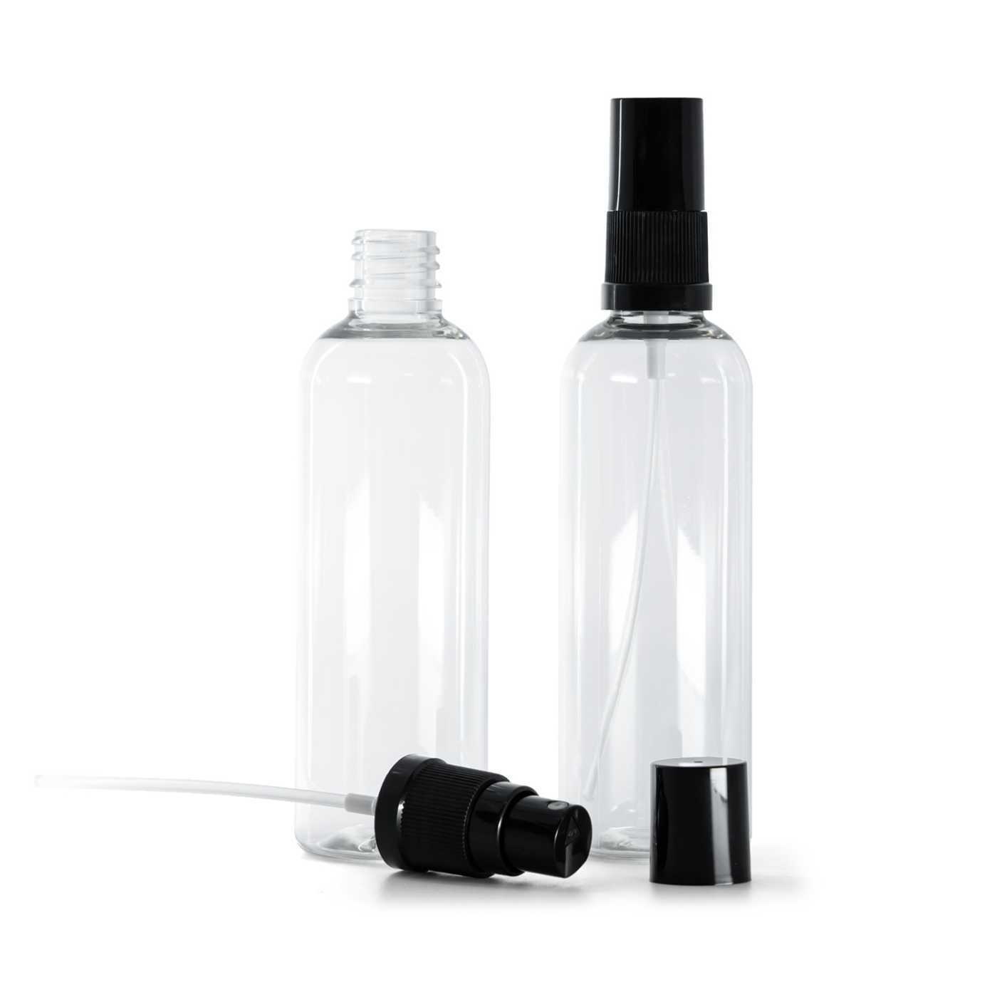 Butelka plastikowa przezroczysta, czarny atomizer, czarny kapturek, 100 ml
