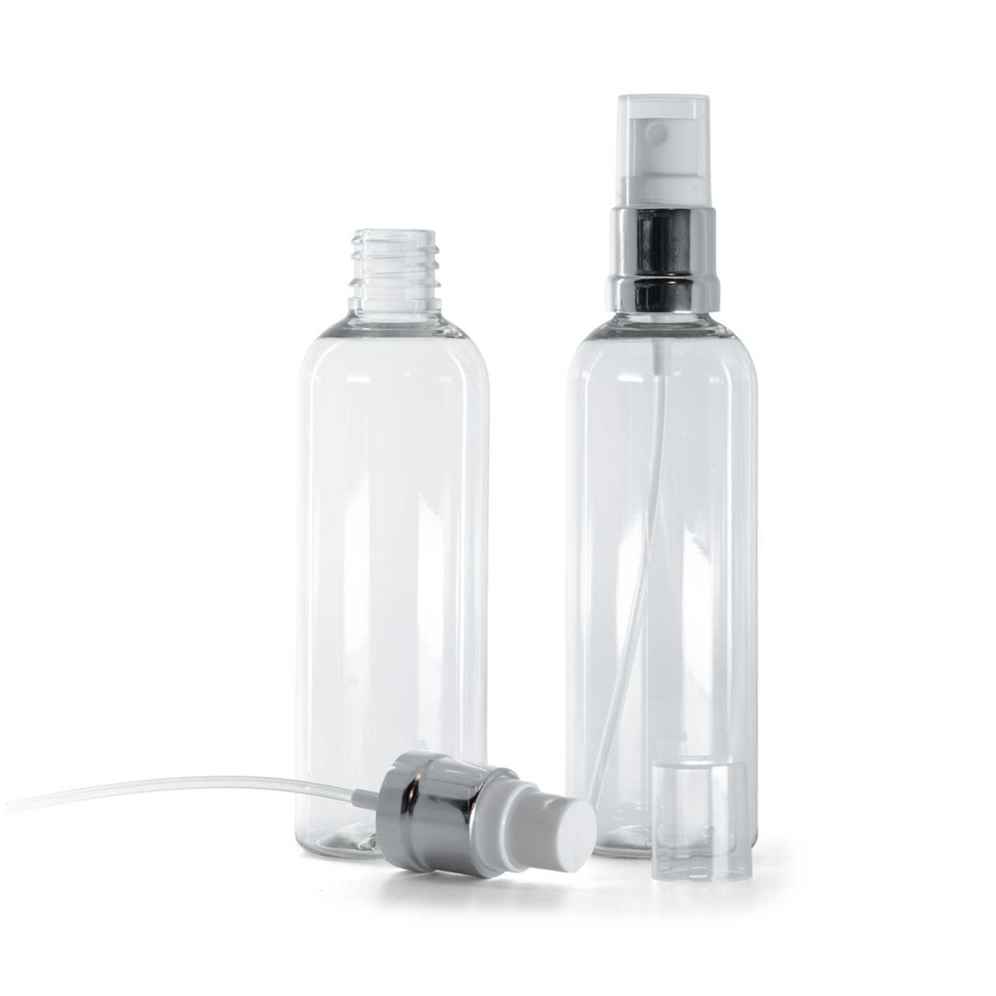 Butelka plastikowa przezroczysta, biało-srebrny atomizer, 100 ml