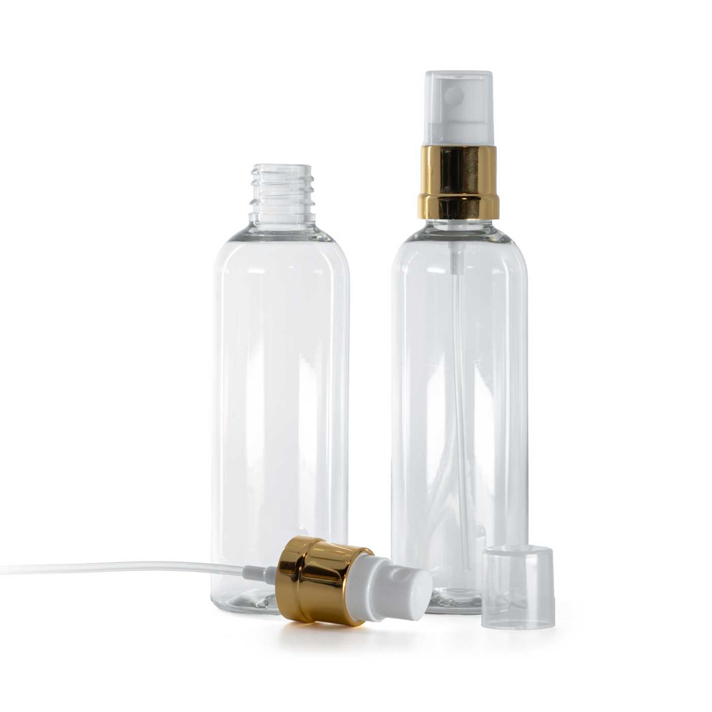 Průhledná plastová lahev s bílo-zlatým rozprašovačem, 100 ml
