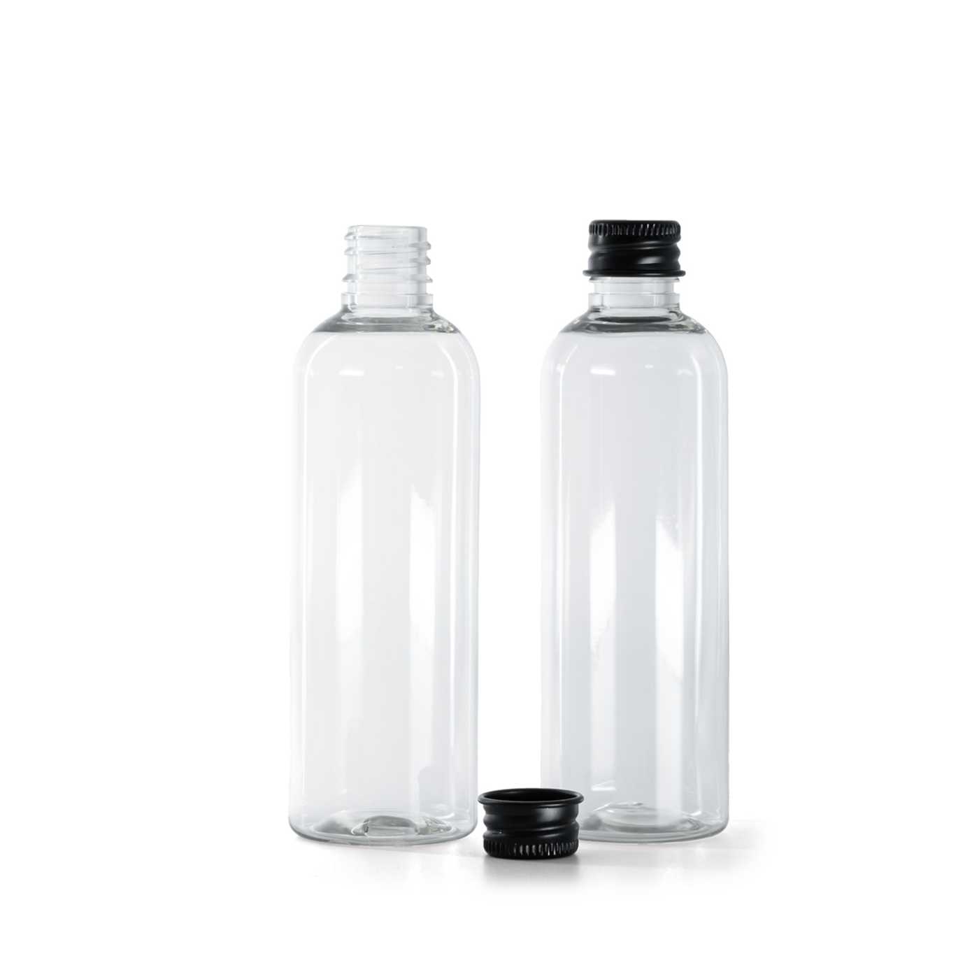 Průhledná plastová láhev, černý hliníkový uzávěr, 100 ml