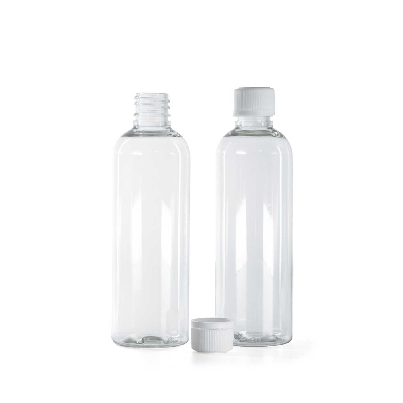 Plastová průhledná lahvička s bílým víčkem s pojistným kroužkem, 100 ml