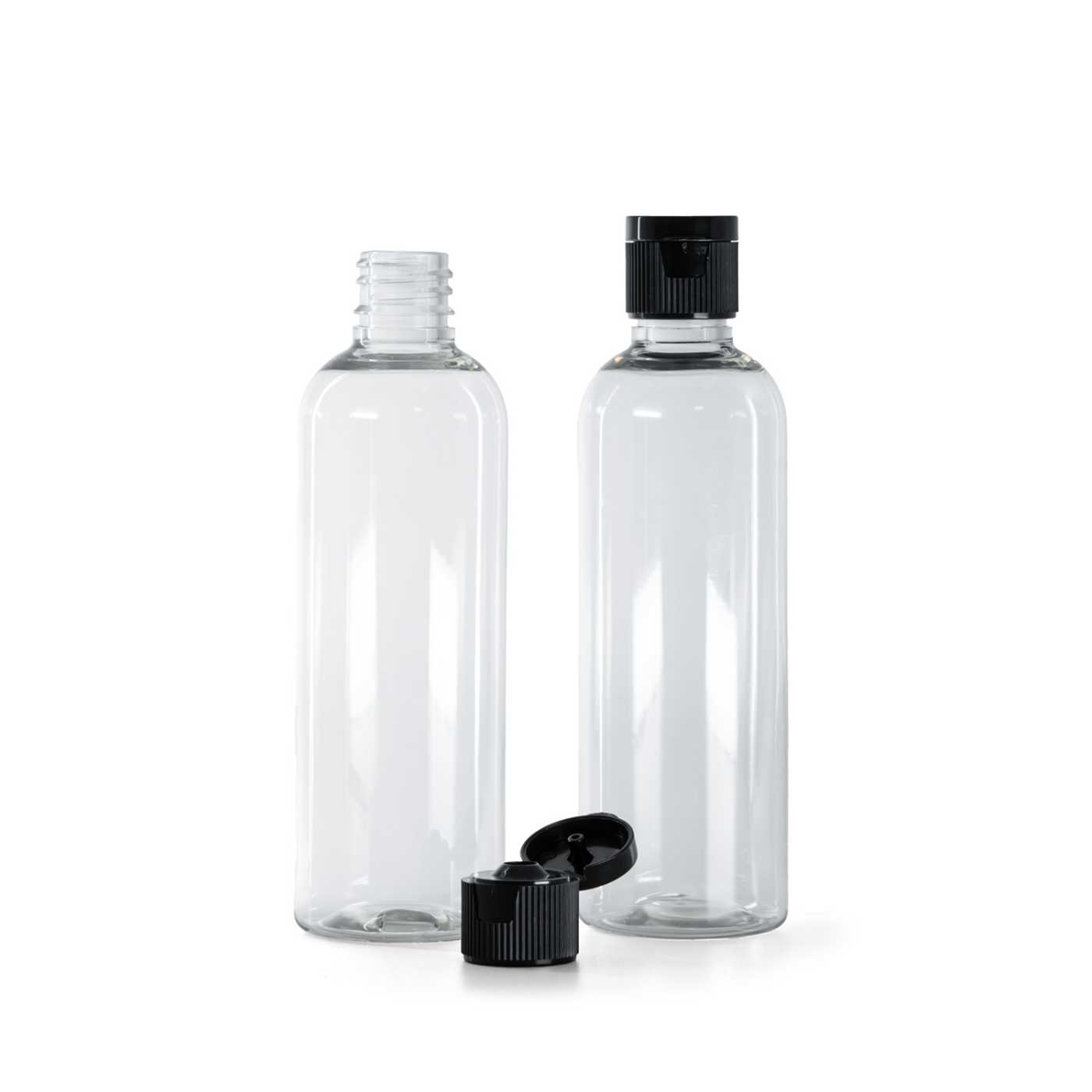 Flacon en plastique transparent, bouchon flip-top en plastique noir, 18/410, 100 ml