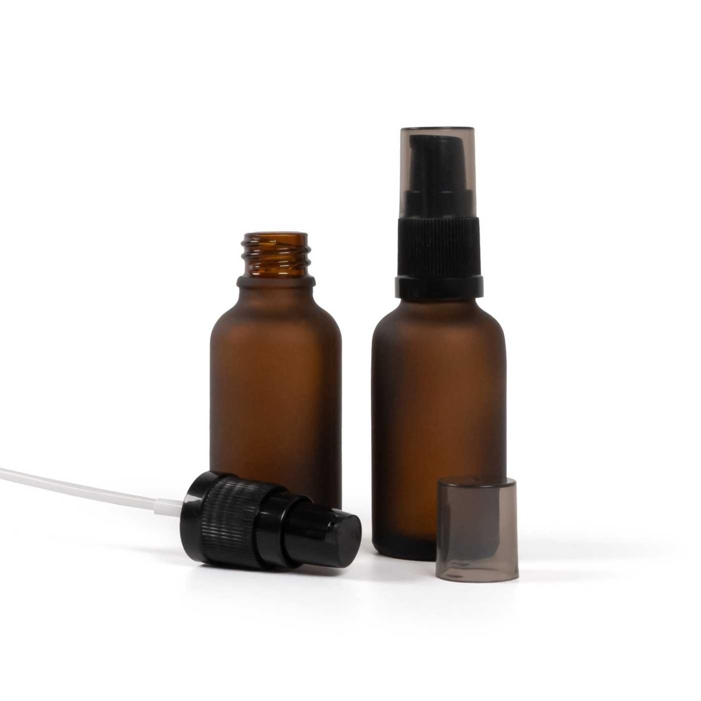 Flacon en verre brun mat, distributeur de crème avec surcapuchon fumé, 30 ml