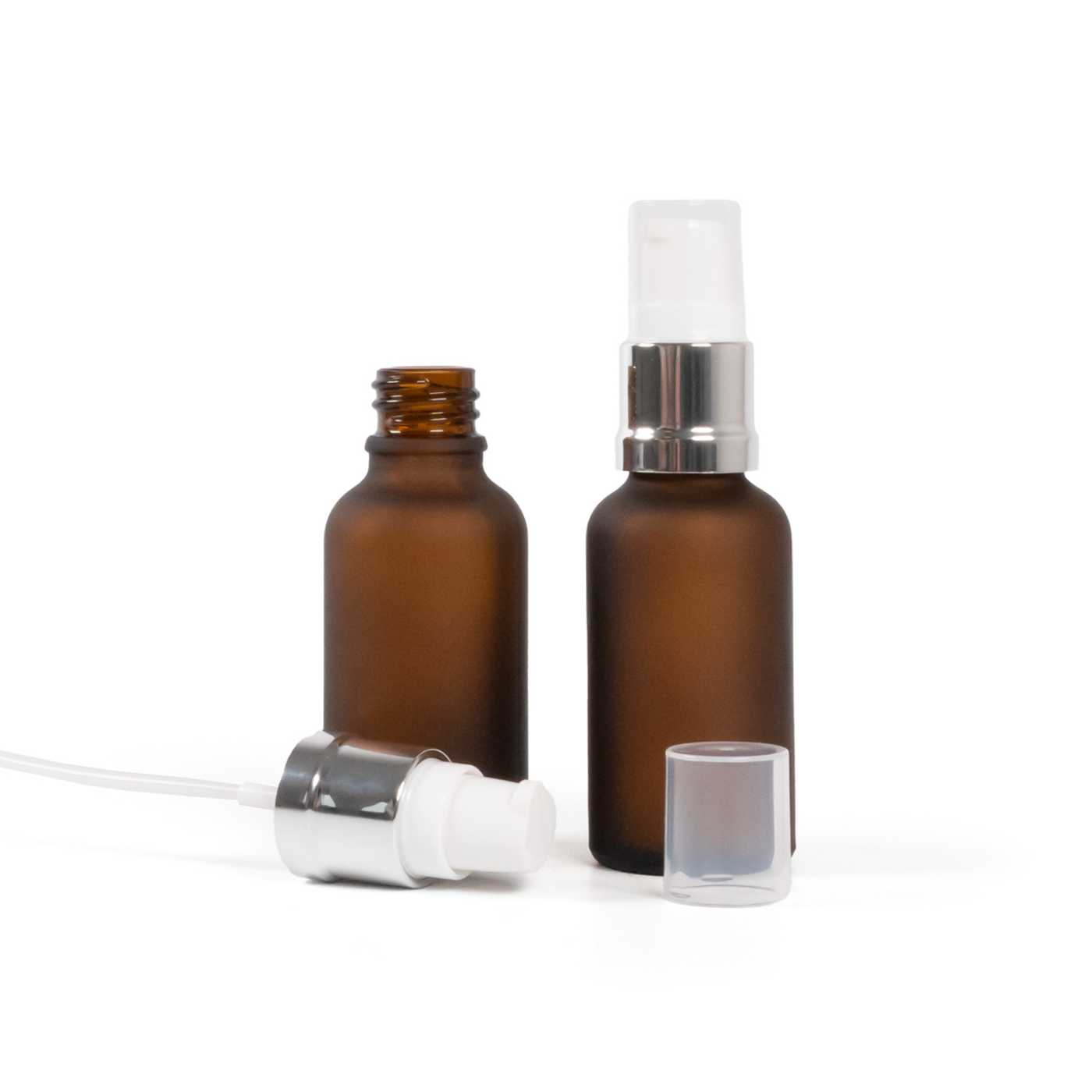 Matte Braunglasflasche mit weiß-silbernem Glanz-Pumpspender, 30 ml