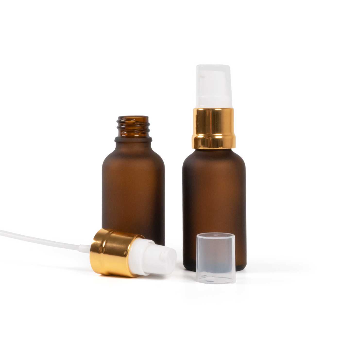 Matte Braunglasflasche, glänzender Weiß-Gold Spender, 30 ml