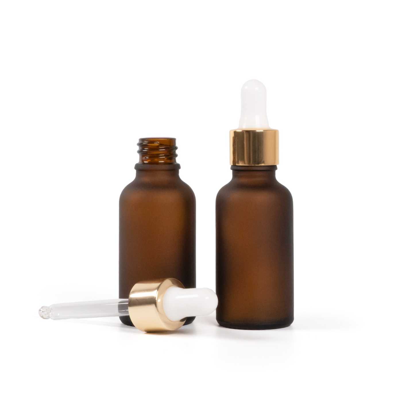 Matte Braunglasflasche mit weiß-goldenem Pipettenverschluss 30 ml