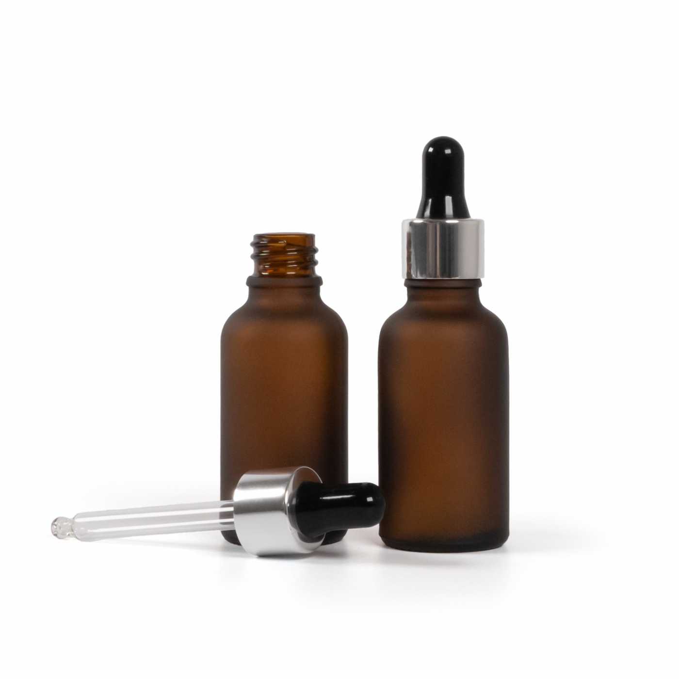Matte Braunglasflasche mit schwarzem‑silbernem Pipettenverschluss, 30 ml