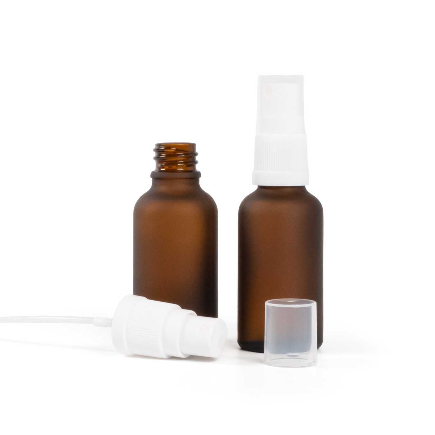 Flacon en verre ambré mat avec pompe spray blanche 30 ml