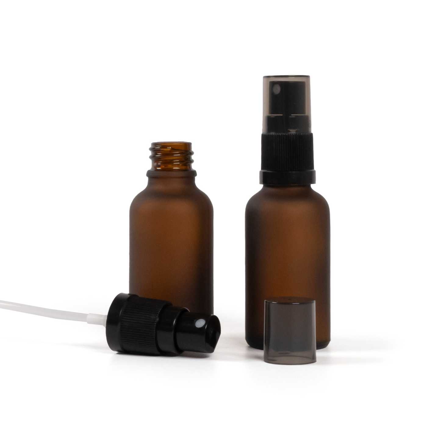 Butelka szklana amber, matowa, czarny atomizer, przydymiona nakładka, 30 ml