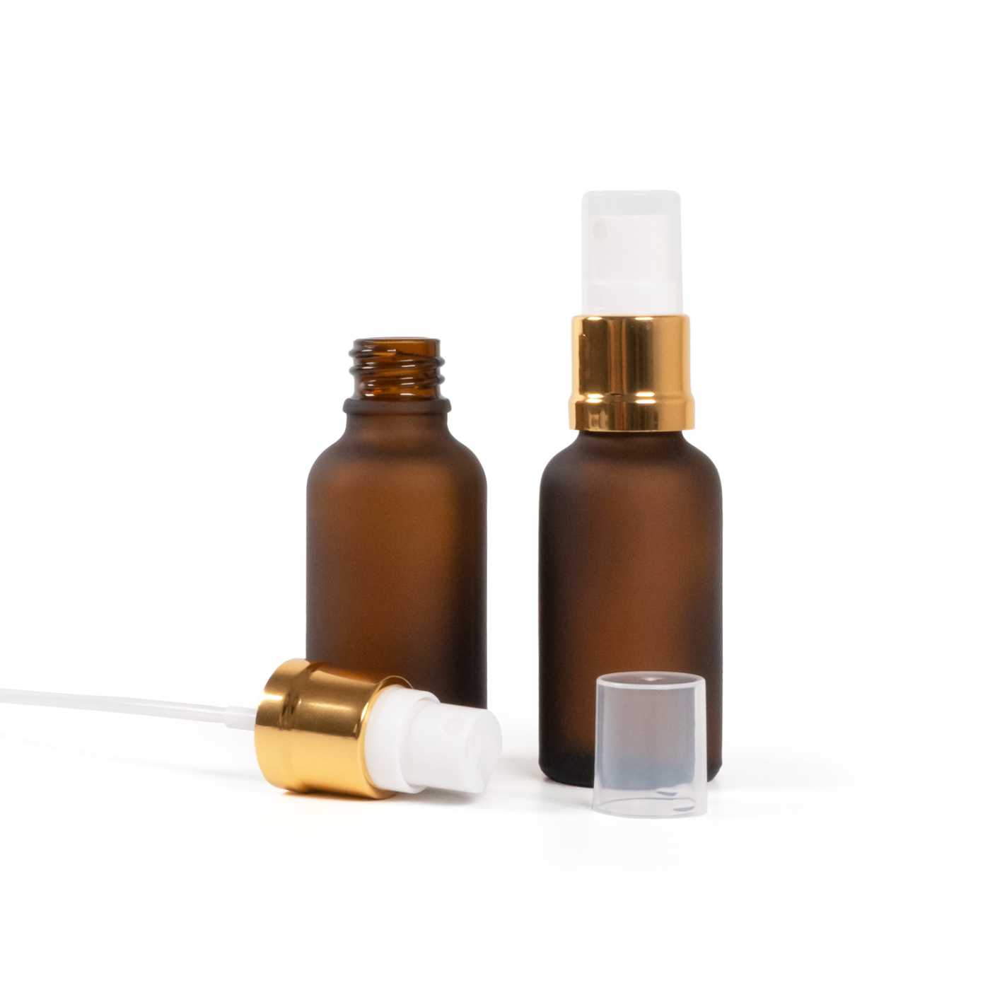 Mattglasflasche Braun, Sprühkopf Weiß-Gold, 30 ml