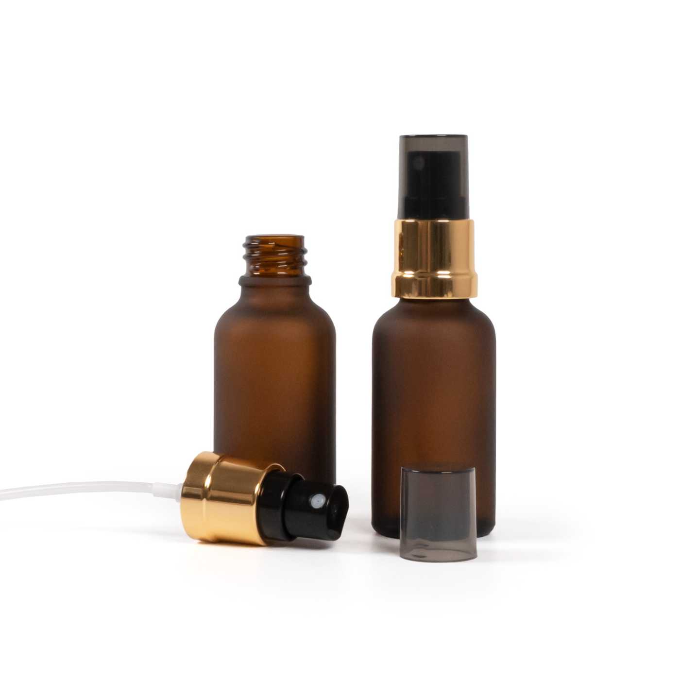 Matte Braunglasflasche, schwarz-goldener Zerstäuber, rauchfarbene Überkappe, 30 ml