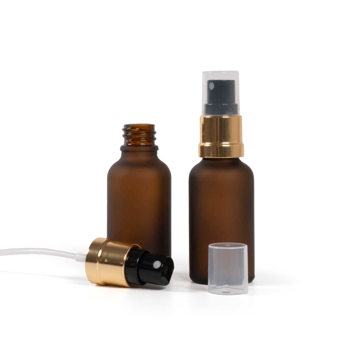 Flacon en verre ambré mat, pompe spray noir et or, 30 ml