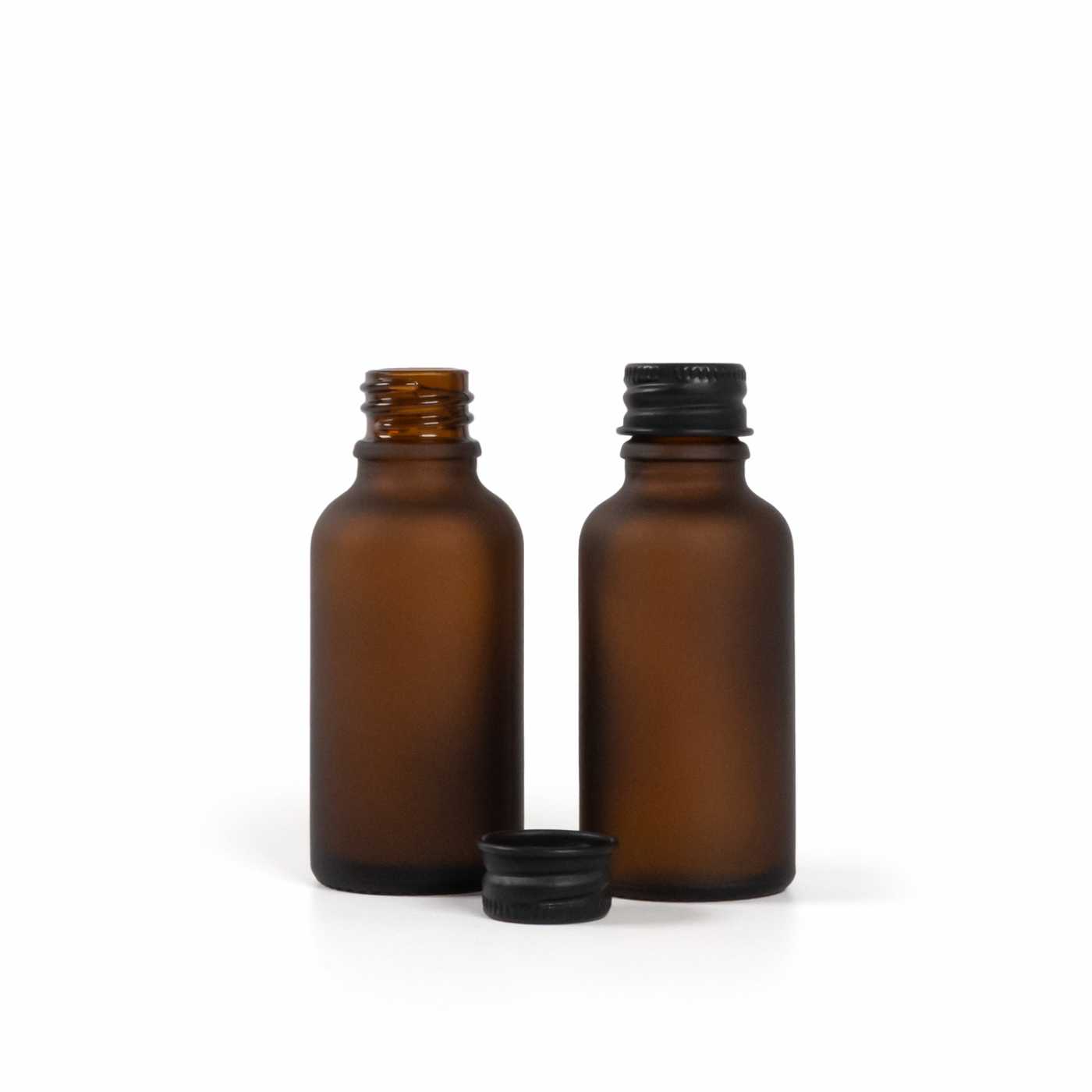 Matte Glasflasche Amber, schwarzer Aluminiumverschluss, 30 ml