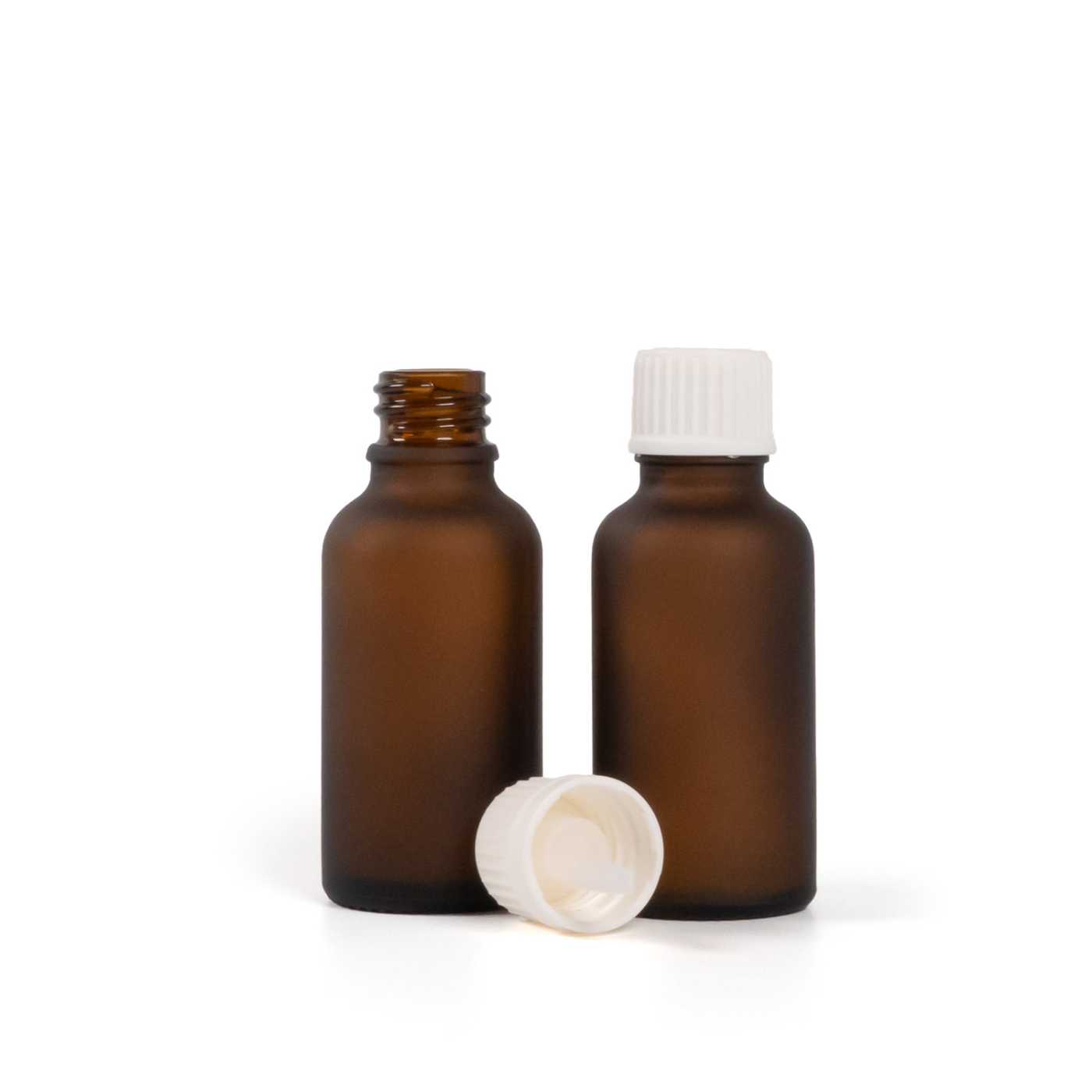Matte Glasfläschchen, braun, weißer Verschluss mit Pipette, 30 ml