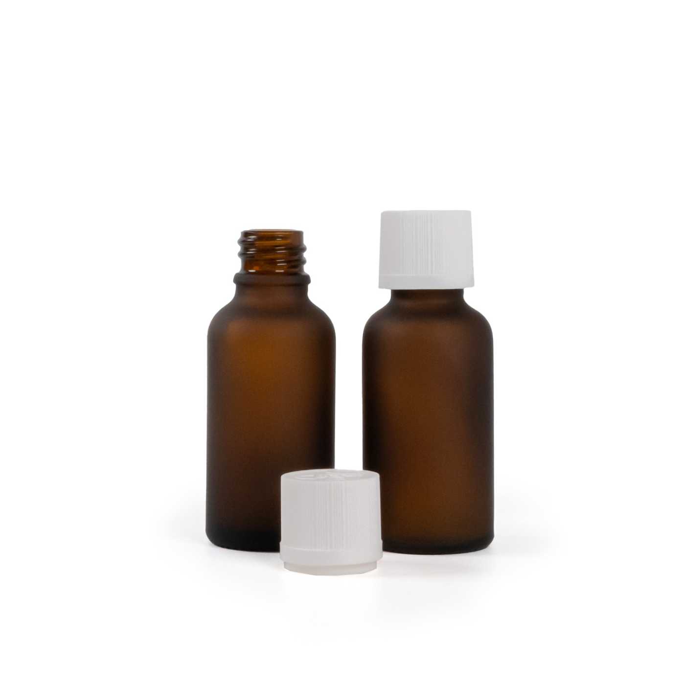 Matte Braunglasflasche, weißer Originalitätsverschluss mit Kindersicherung, 30 ml