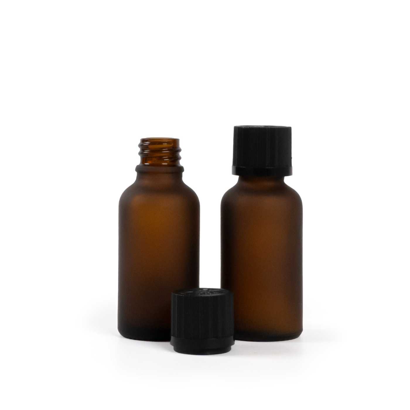 Matte Braunglasflasche, schwarzer Sicherheitsverschluss mit Tropfer, 30 ml