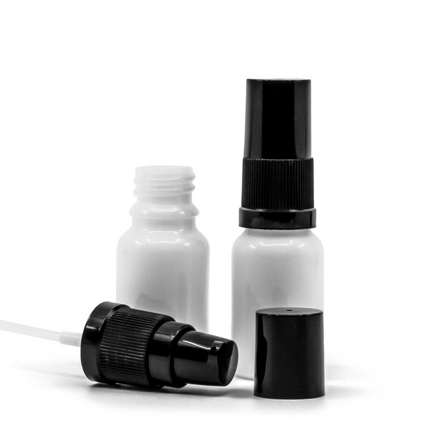 Butelka szklana apteczna, biała, dozownik do kremów, czarny kapturek, 10 ml