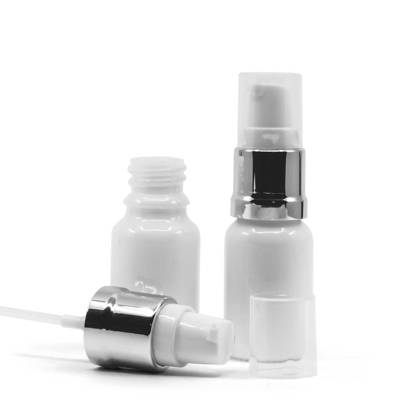 Butelka szklana apteczna, biała, biało-srebrny błyszczący dozownik, 10 ml