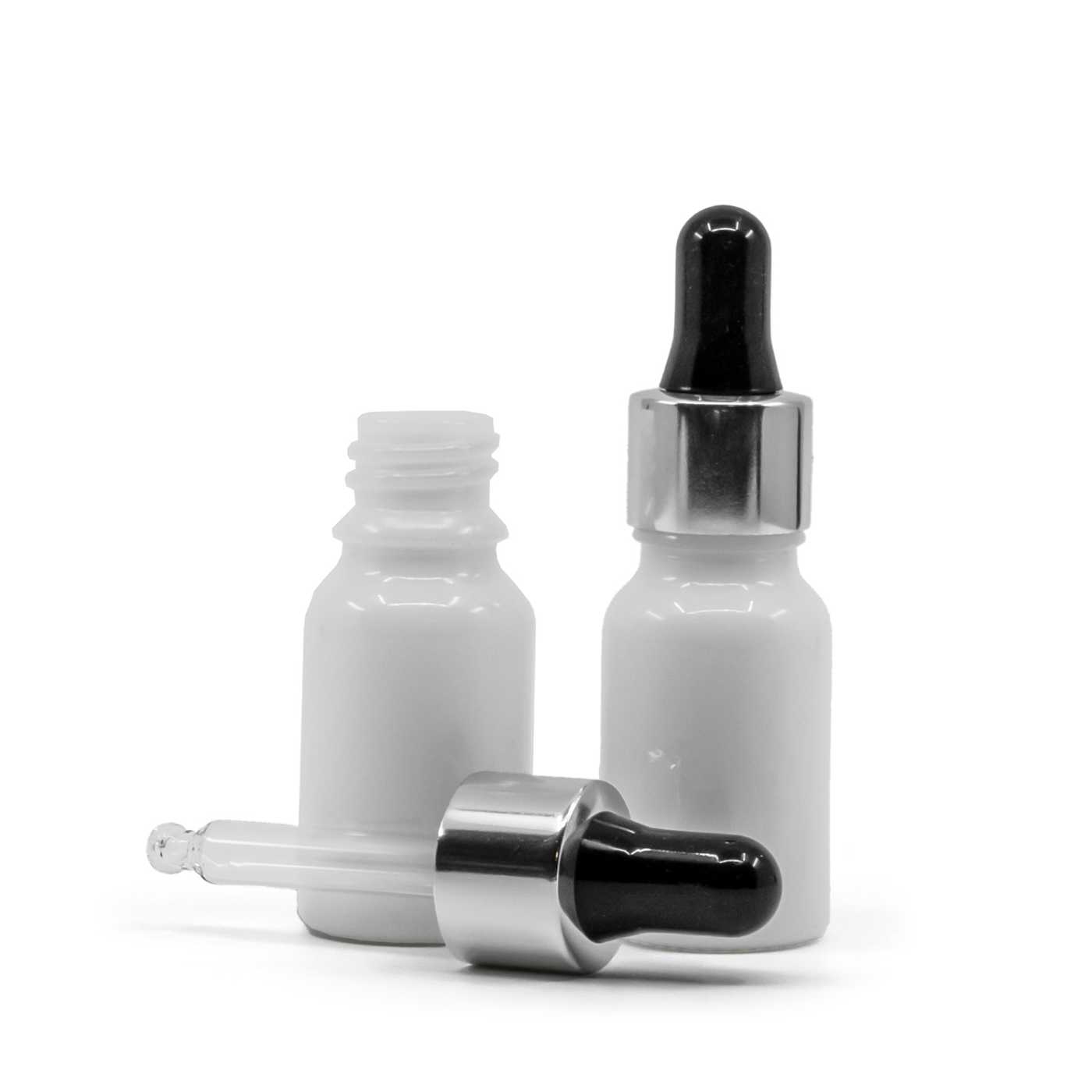 Üvegpalack, fehér, fekete-ezüst pipetta, 10 ml