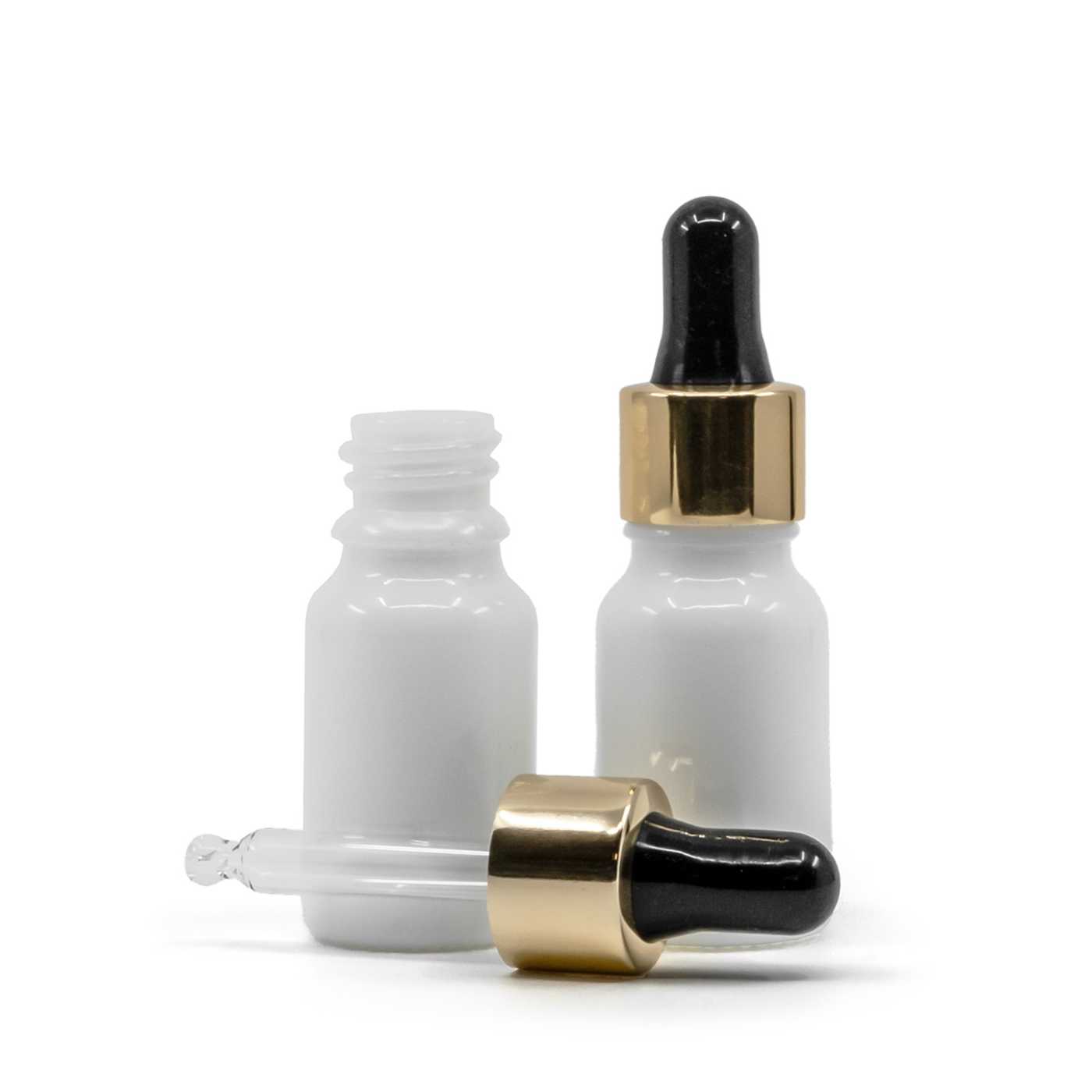 Flacon compte-gouttes en verre blanc avec pipette noir et or, 10 ml