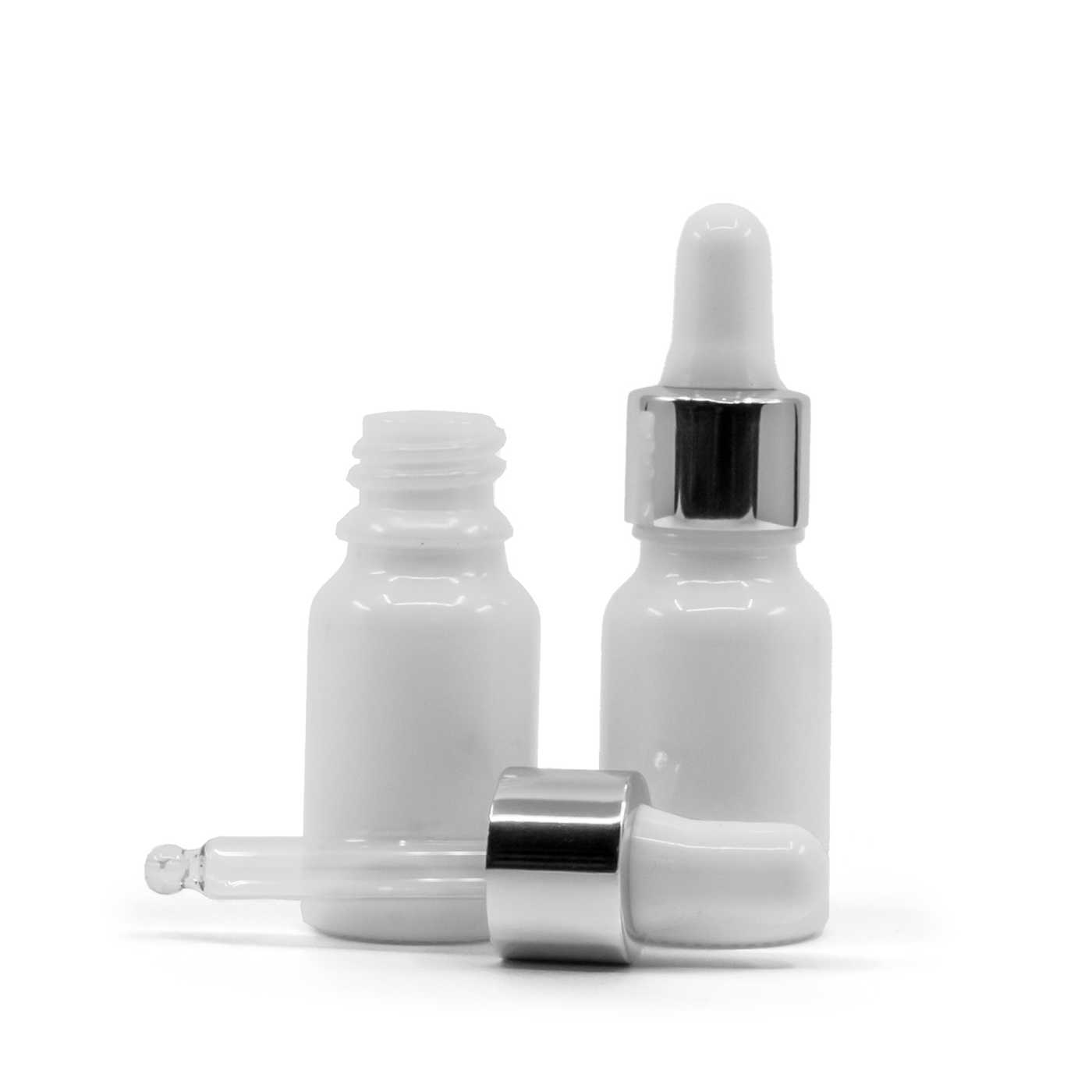 Üvegpalack, fehér, ezüst pipetta, 10 ml