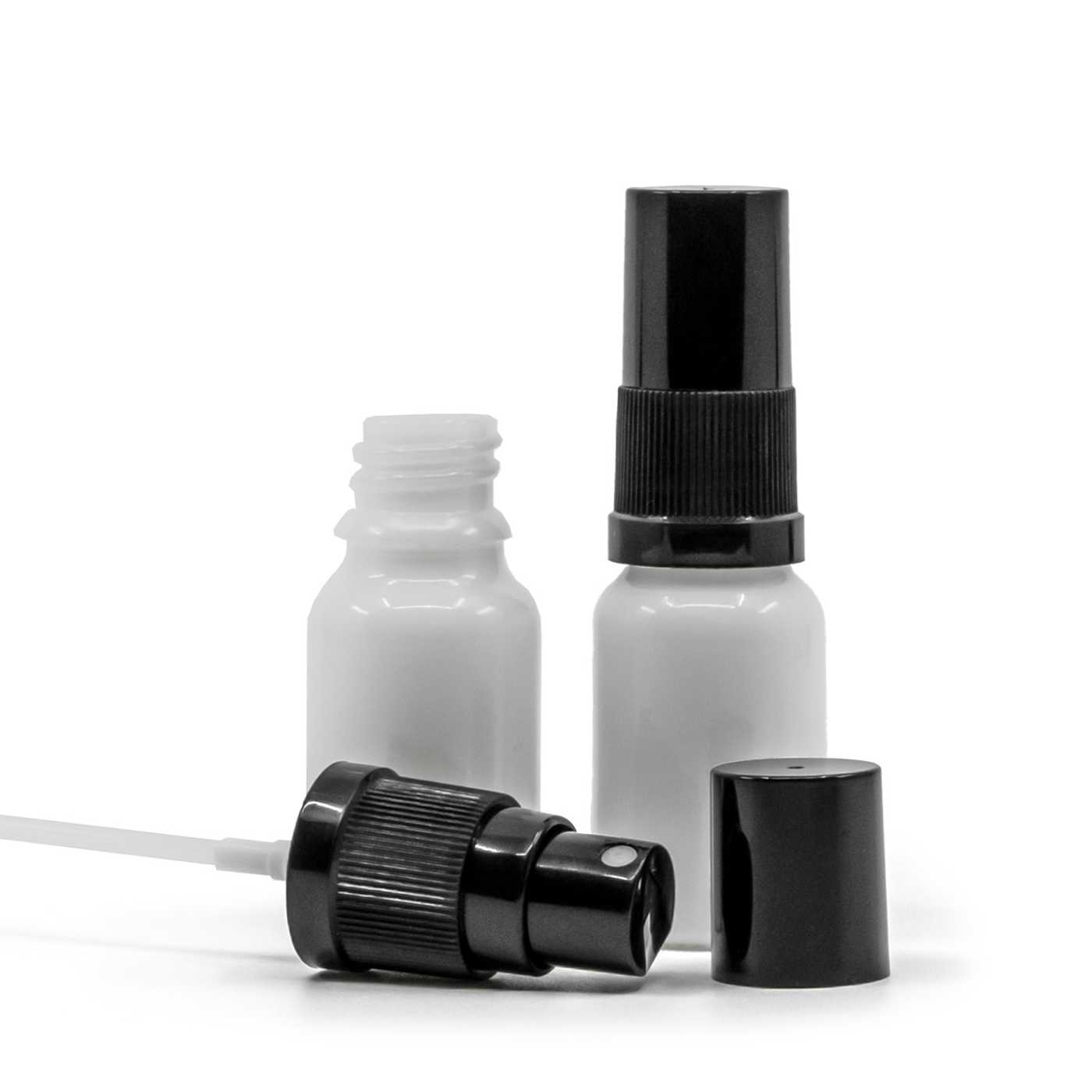 Butelka szklana, biała, czarny atomizer, czarny kapturek, 10 ml