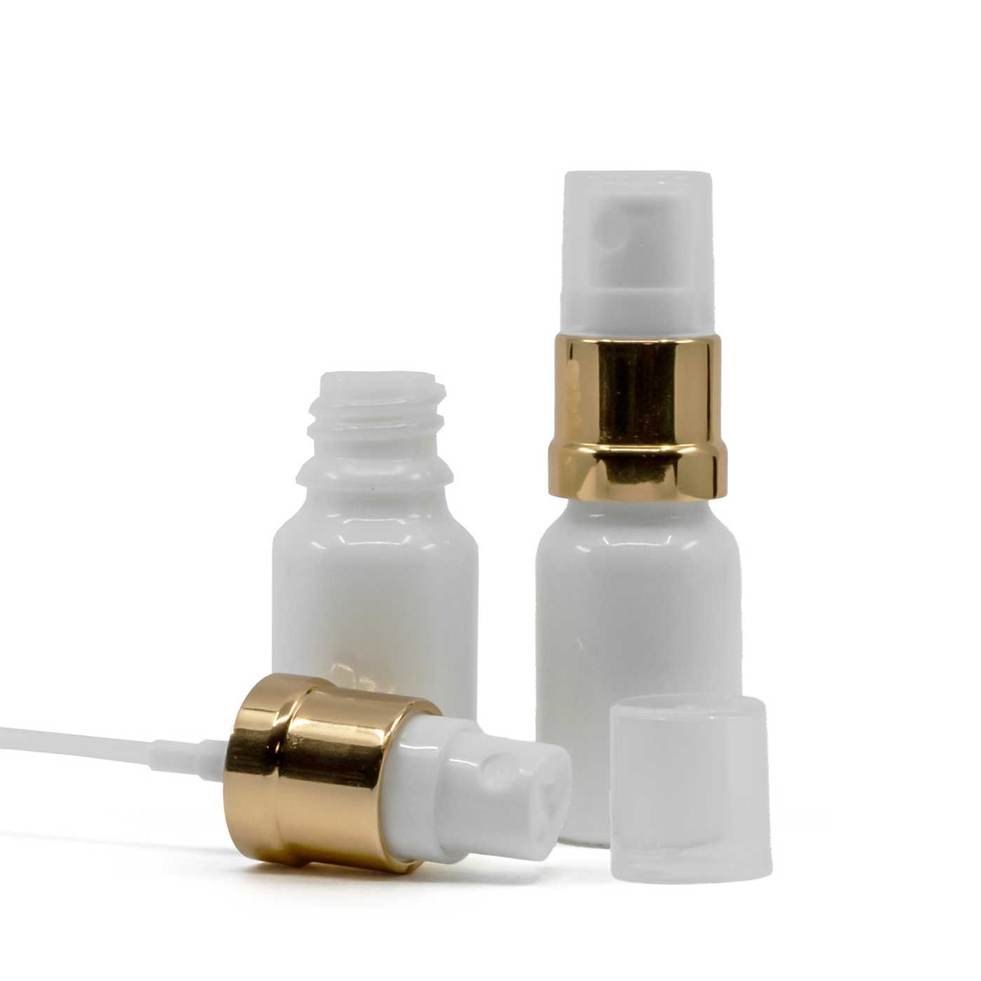 Sklenená fľaška, biela, bielo-zlatý rozprašovač, 10 ml