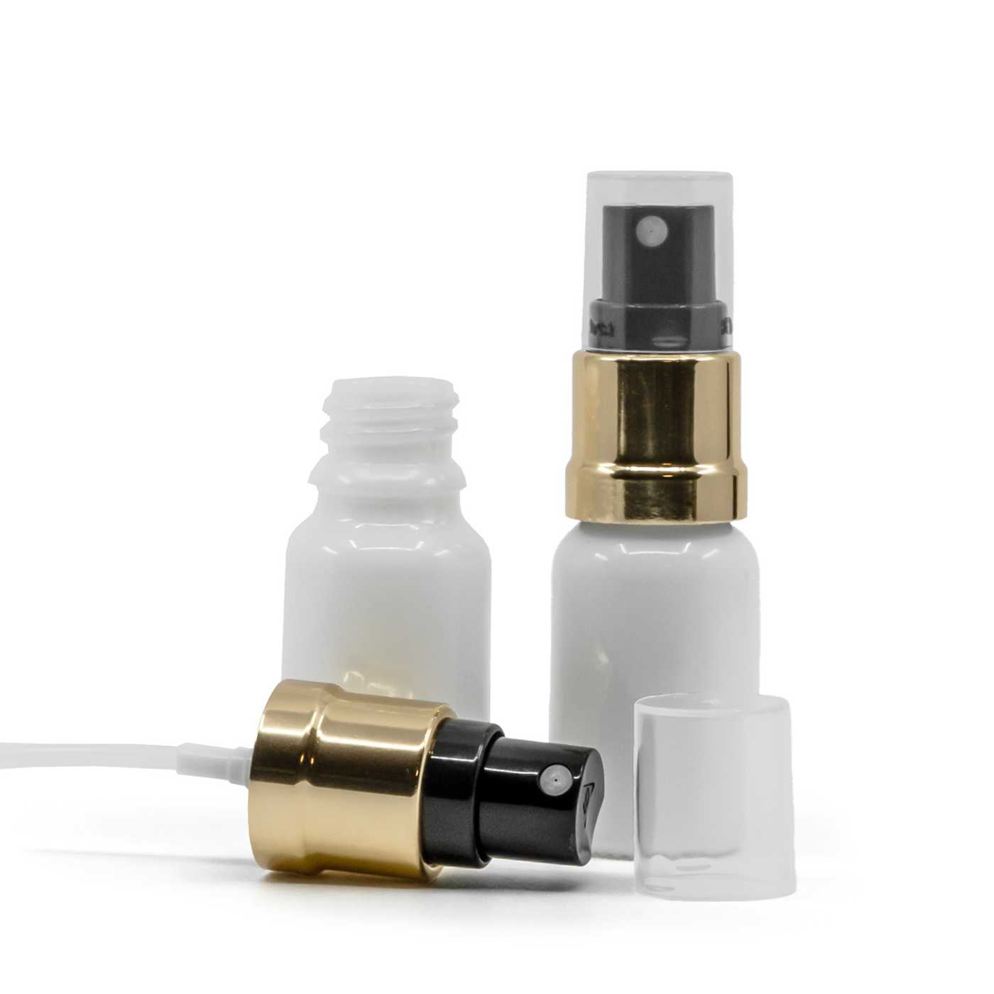 Flacon en verre blanc avec pompe spray noir et or 10 ml