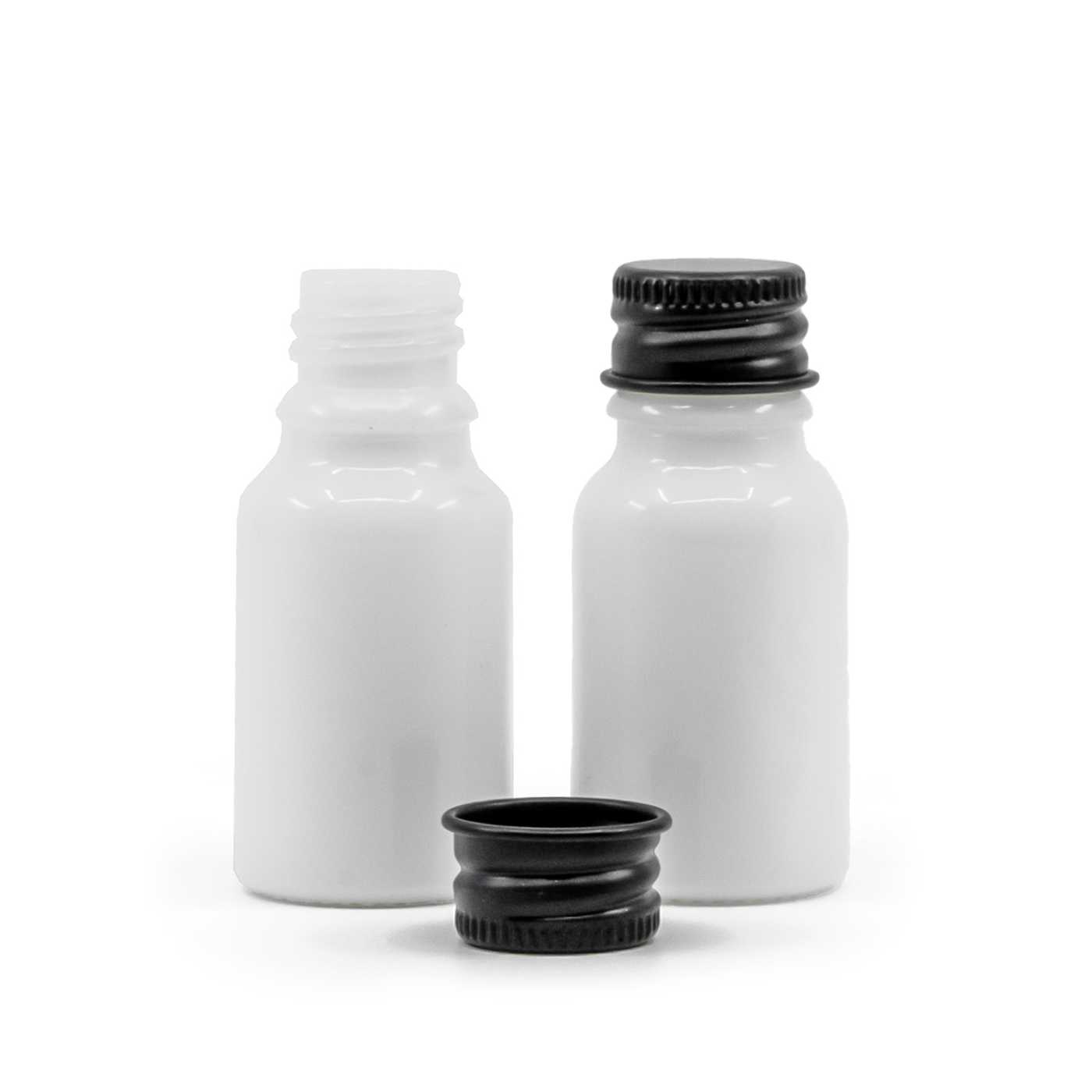 Weißes Glasfläschchen, schwarzer Aluminiumverschluss, 10 ml