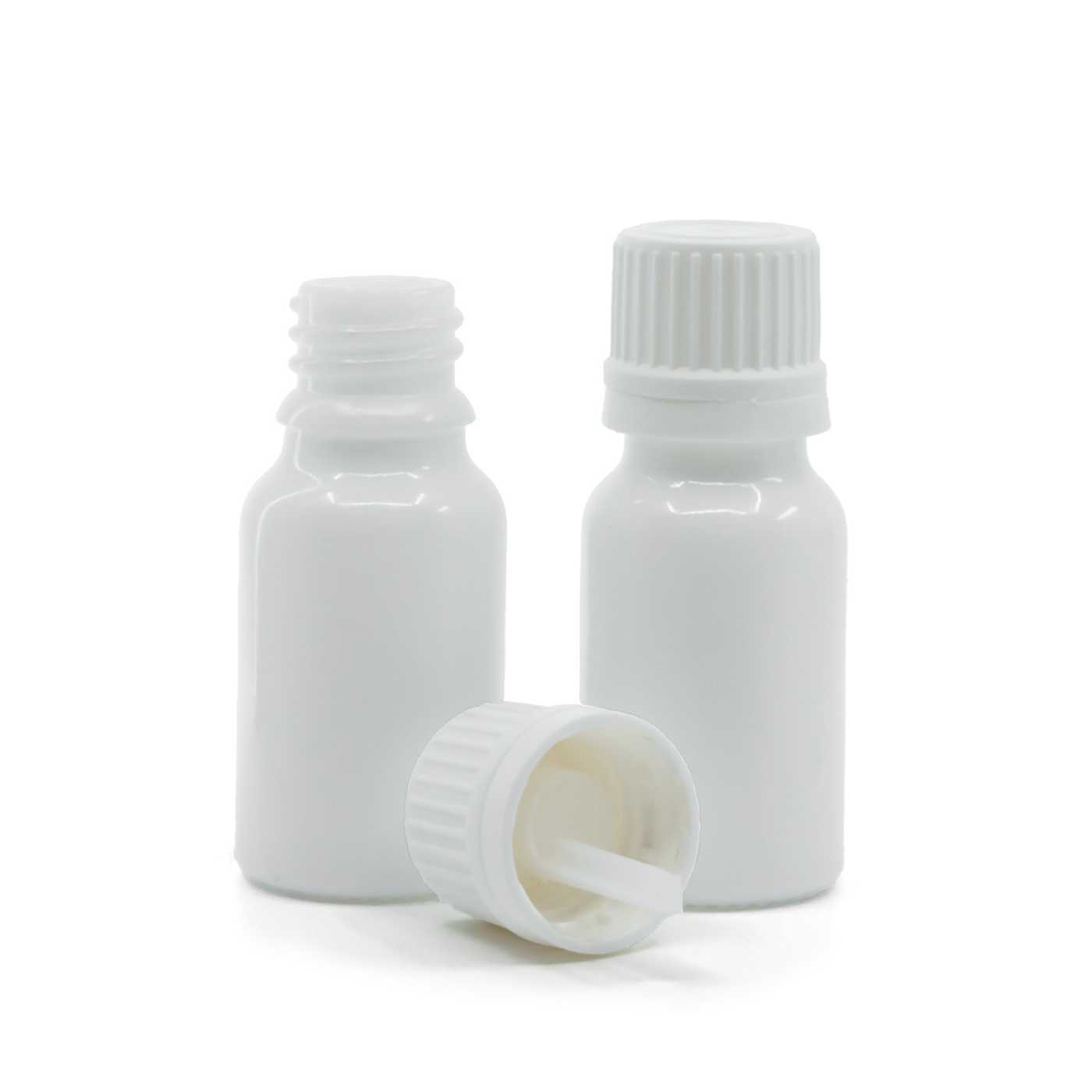 Weißes Glasfläschchen, weißer Verschluss mit Tropfeinsatz, 10 ml