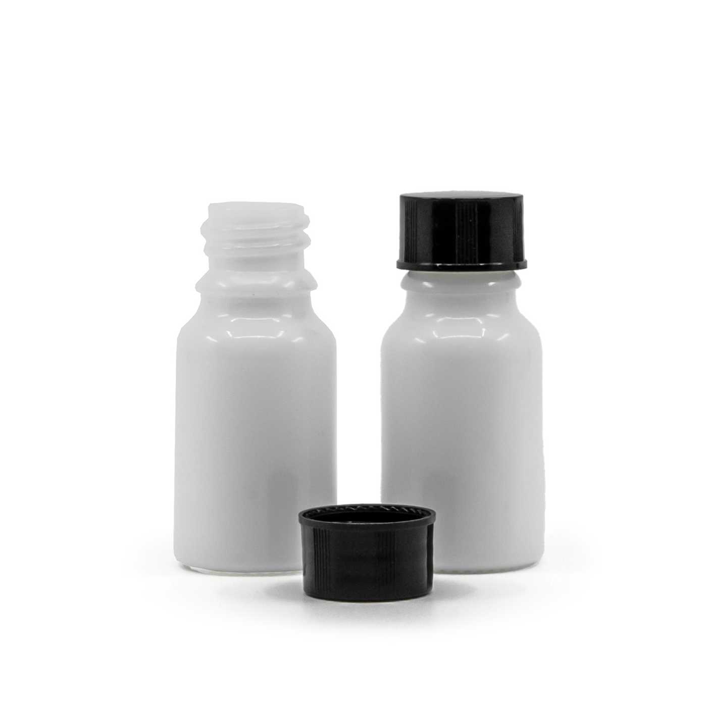 Butelka szklana biała, nakrętka czarna, 10 ml