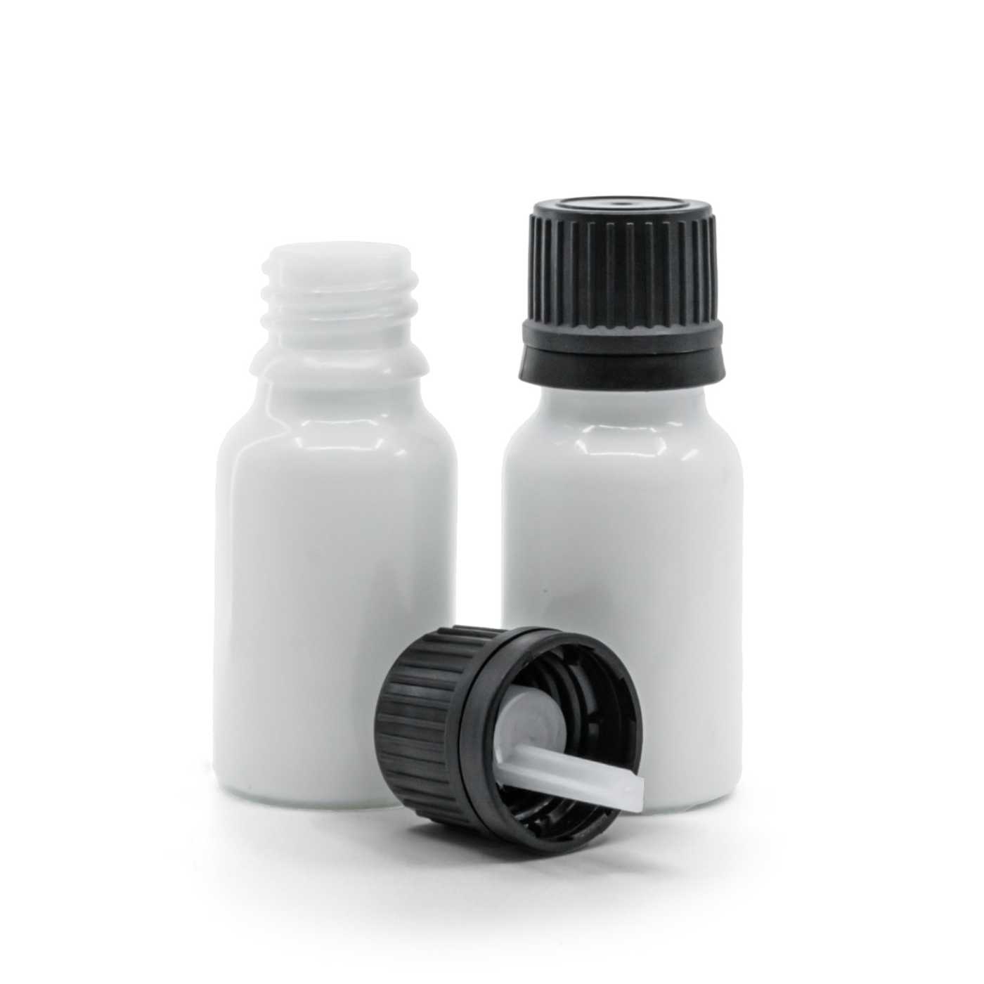 Weißes Glasfläschchen, schwarzer Verschluss mit Pipette, 10 ml