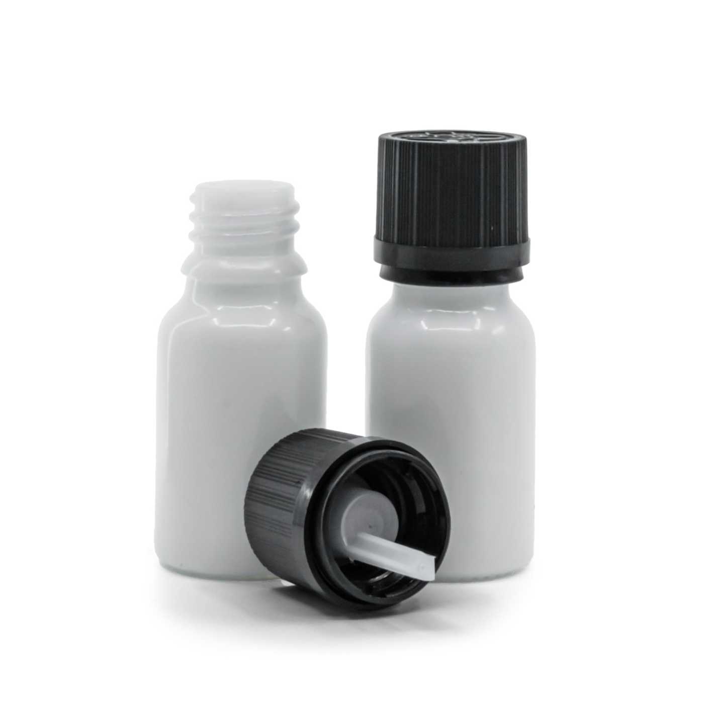 Flacon en verre blanc, bouchon de sécurité noir avec compte-gouttes, 10 ml