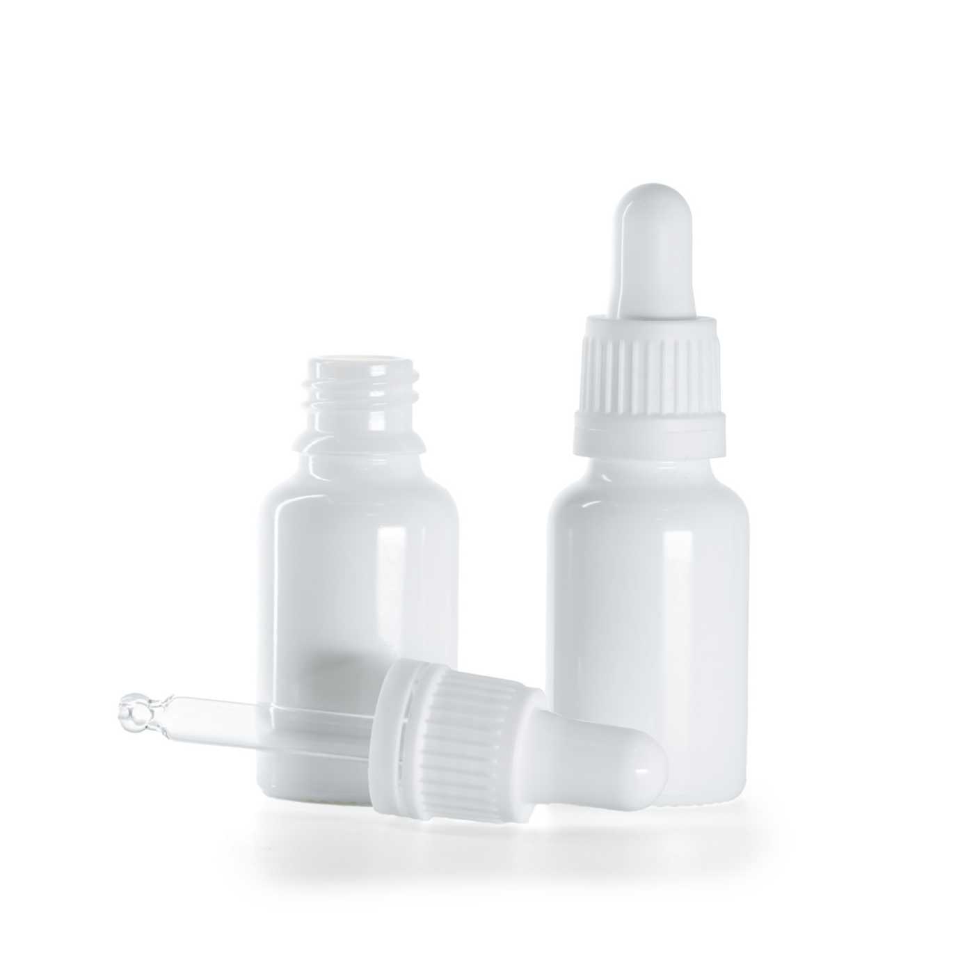 Butelka szklana apteczna, biała, biały kroplomierz, 15 ml