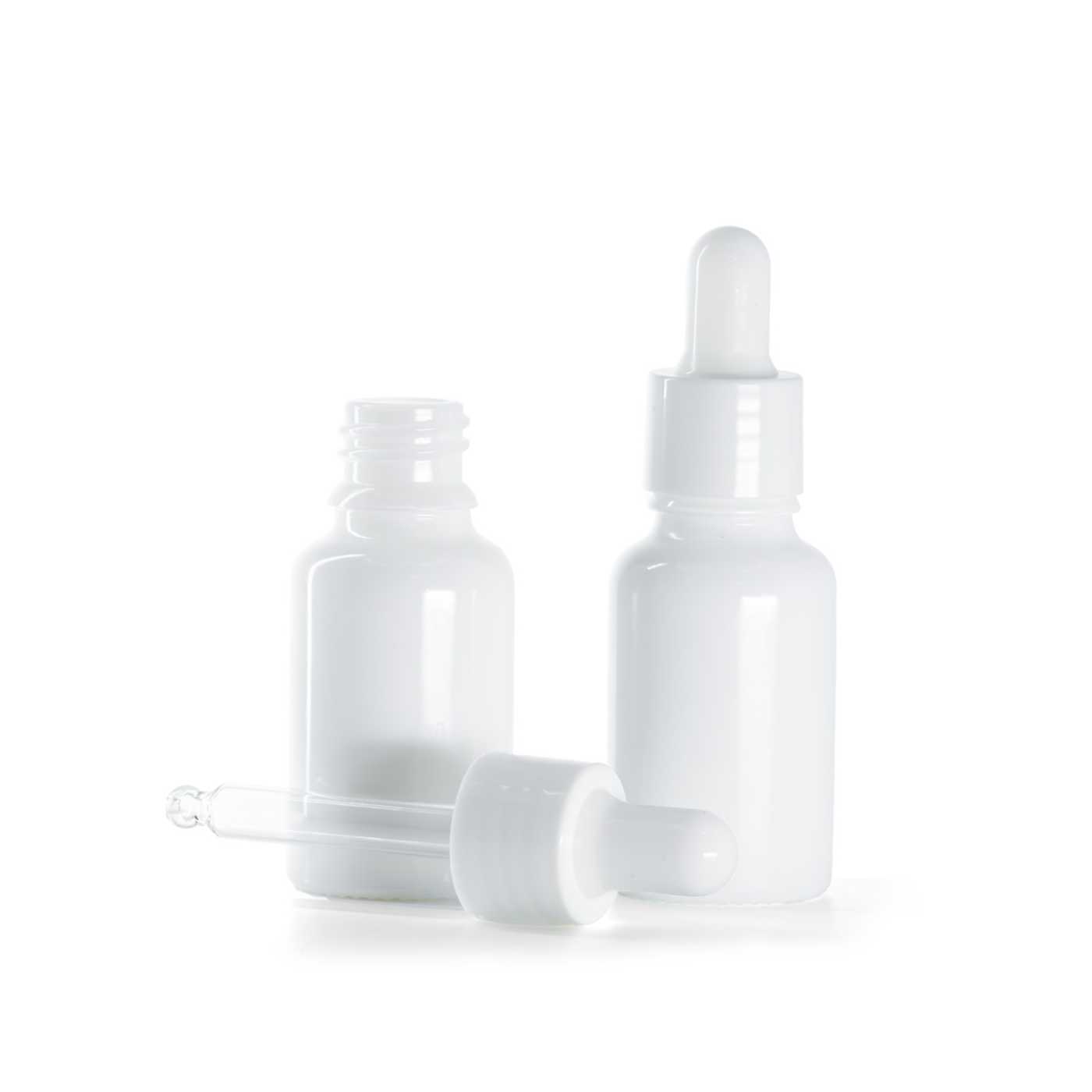 Butelka szklana apteczna, biała, biały błyszczący kroplomierz, 15 ml