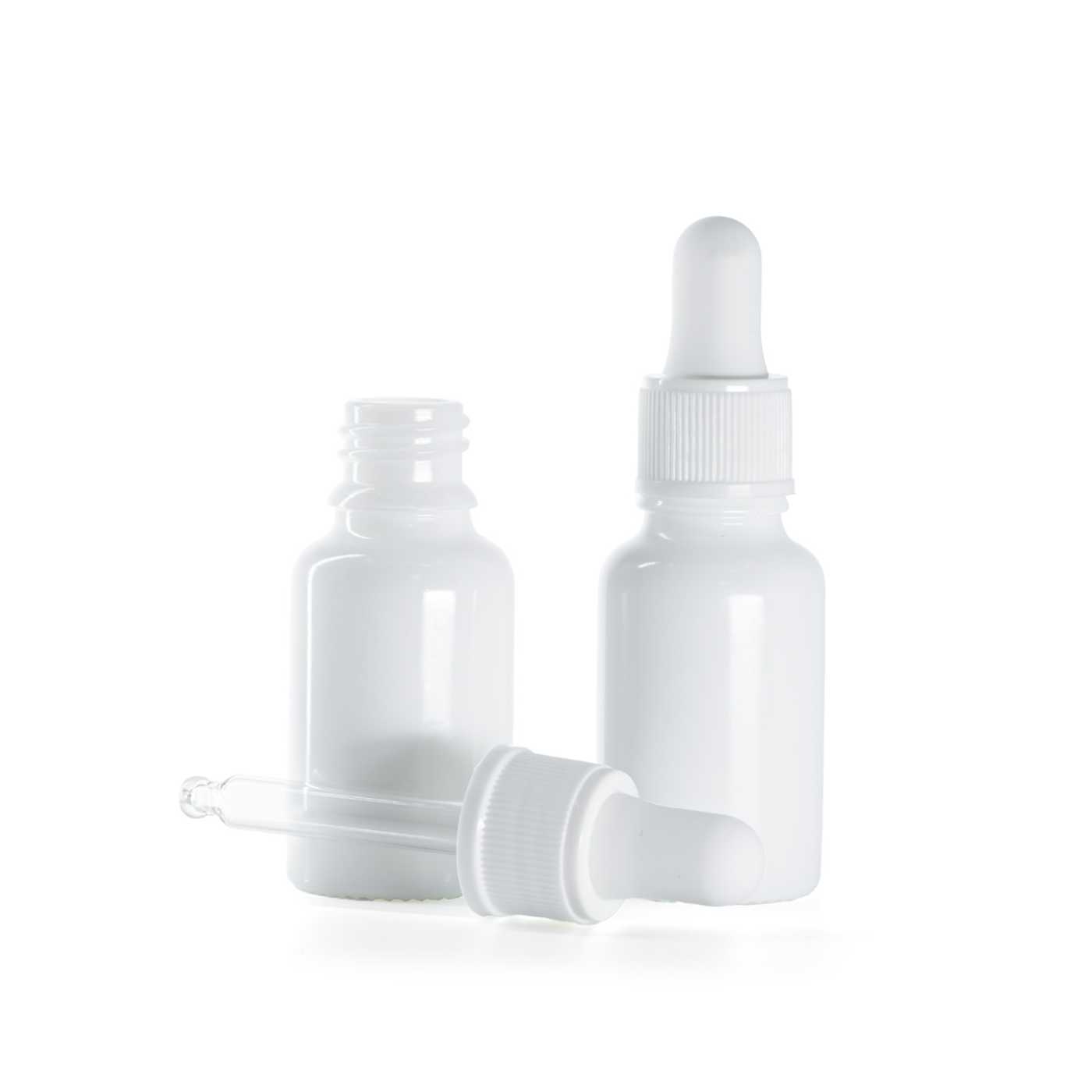 Butelka szklana apteczna, biała, biały matowy kroplomierz, 15 ml