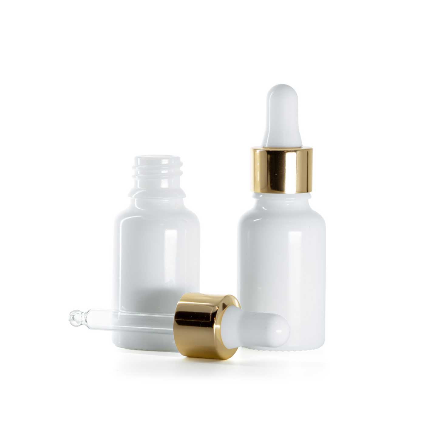 Butelka szklana apteczna, biała, biało-złoty kroplomierz, 15 ml