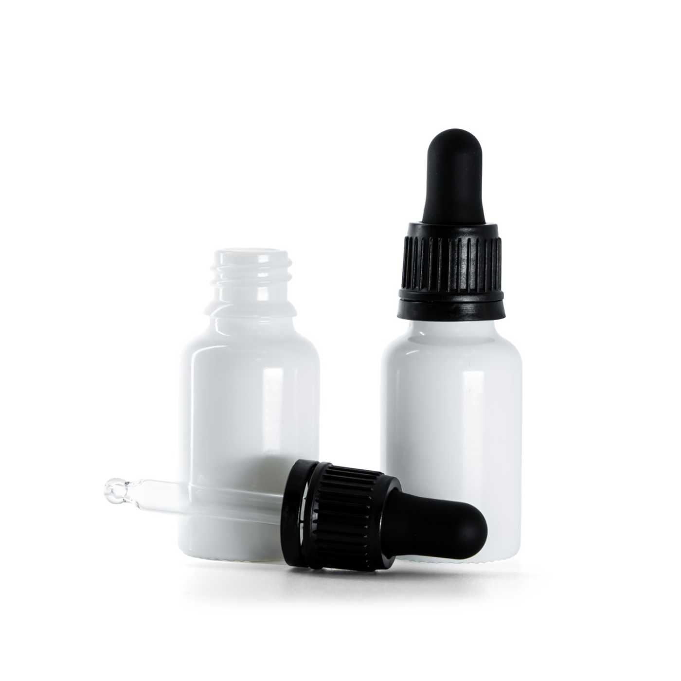 Butelka szklana apteczna, biała, czarny kroplomierz, 15 ml