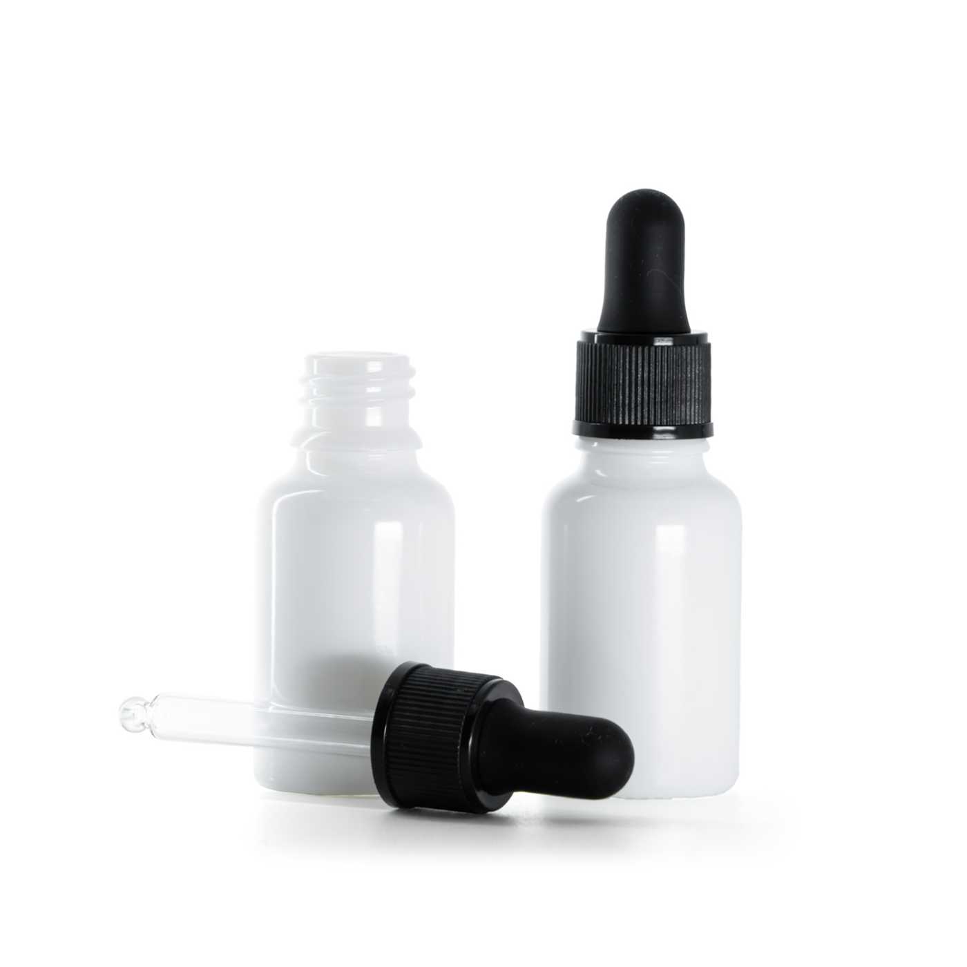 Butelka szklana apteczna, biała, czarny matowy kroplomierz, 15 ml