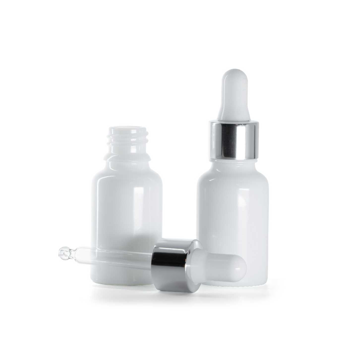 Butelka szklana apteczna, biała, srebrny kroplomierz, 15 ml