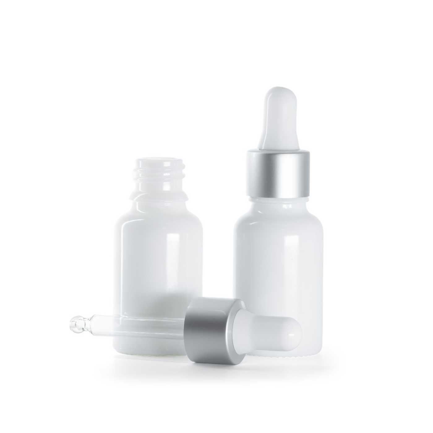 Butelka szklana, apteczna, biała, srebrny matowy kroplomierz, 15 ml
