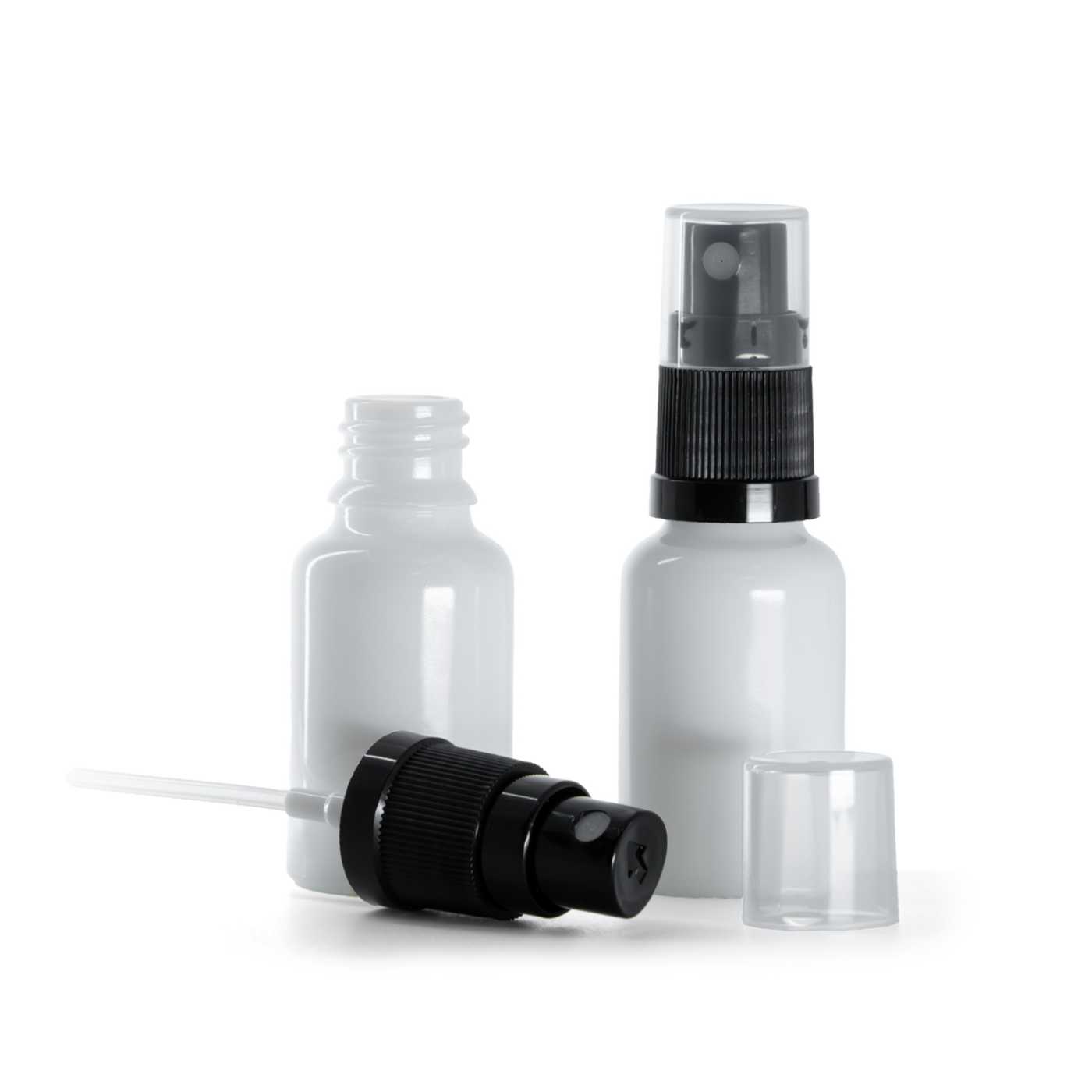 Butelka szklana, apteczna, biała, czarny atomizer, 15 ml
